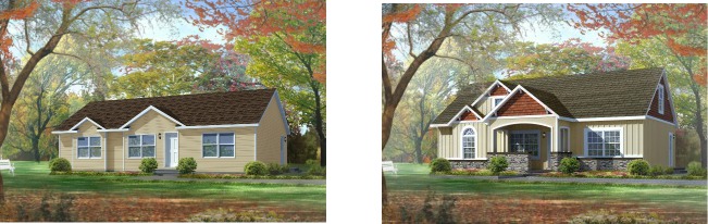 Compare the standard modular home elevation of the Gordon one-story plan on the left with the dressed up version of the same plan on the right.